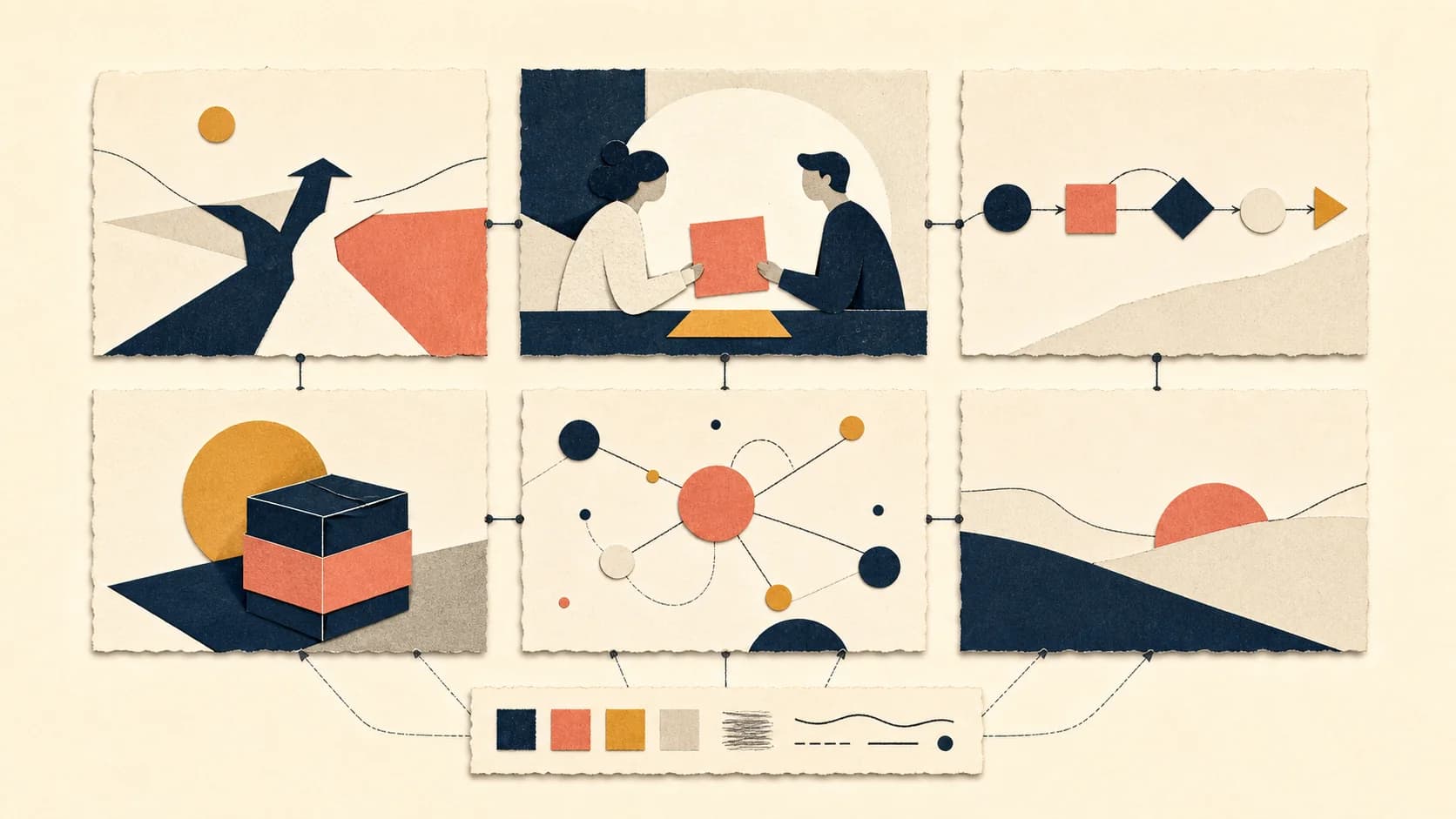 Six different editorial subjects expressed through one consistent paper illustration system