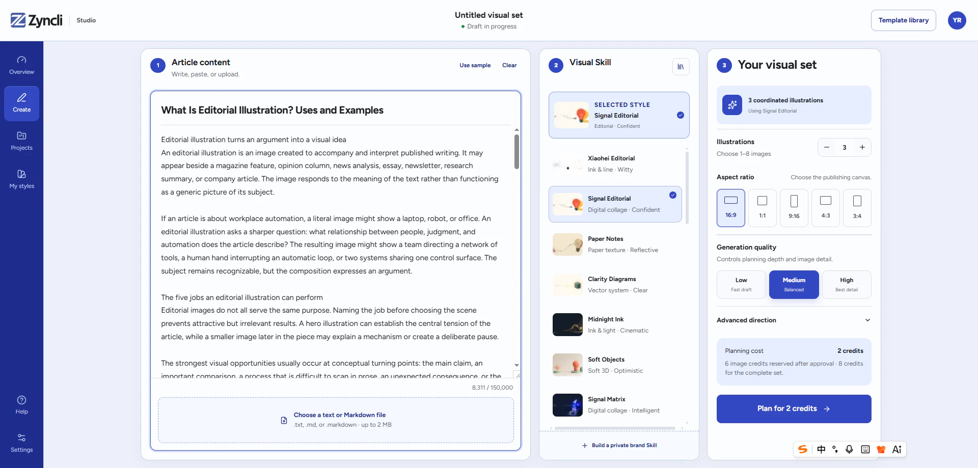 Article entered into Zyncli with a visual Skill and output settings selected