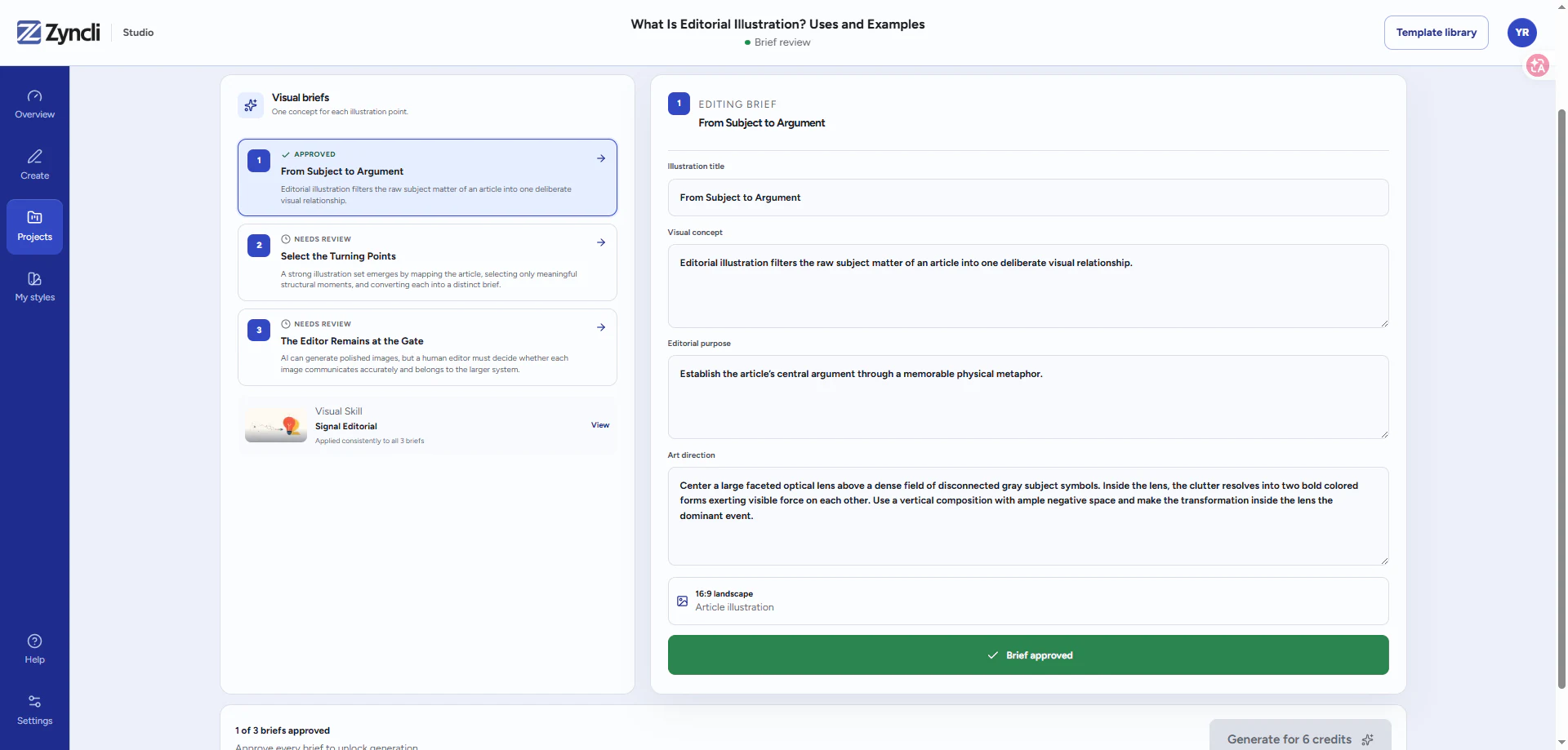 Three editable visual briefs planned from one article in Zyncli