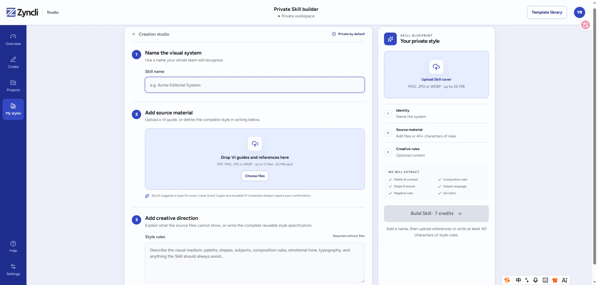 Zyncli Private Skill Builder with fields for a system name, source material, and creative direction