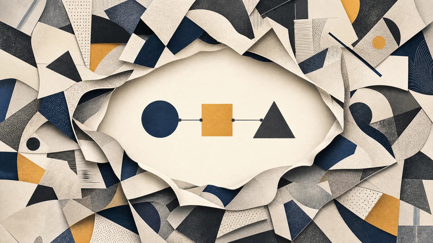 Dense visual material opening to reveal three connected geometric forms