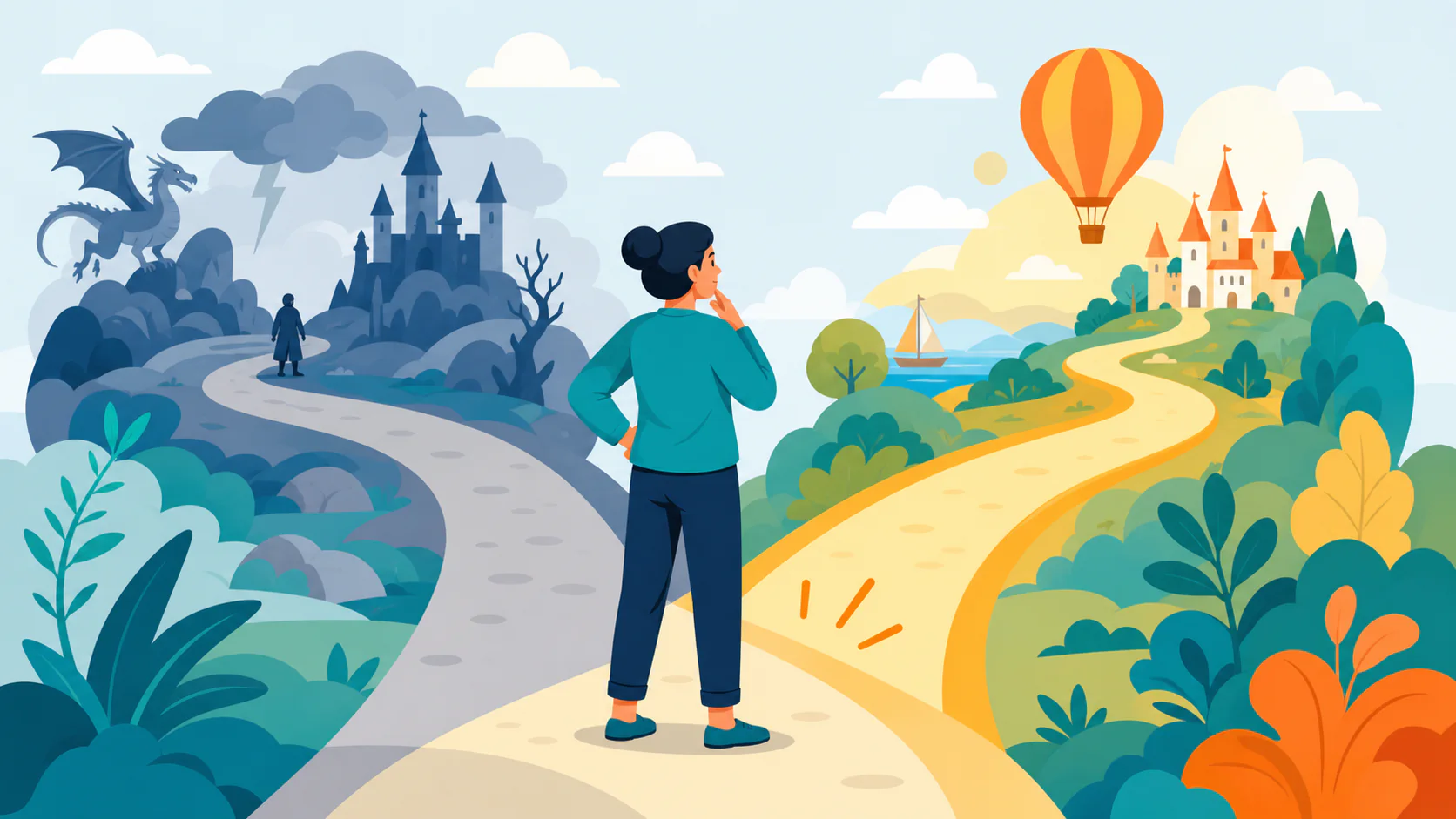 Flat cartoon editor choosing between two paths as an inconsistent baseline example