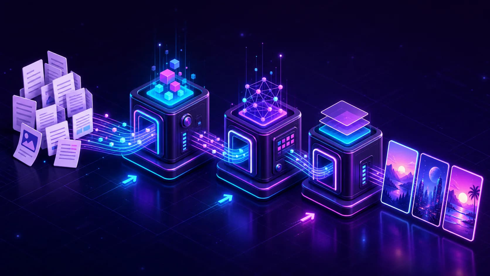 Neon isometric workflow turning documents into images as an inconsistent baseline example