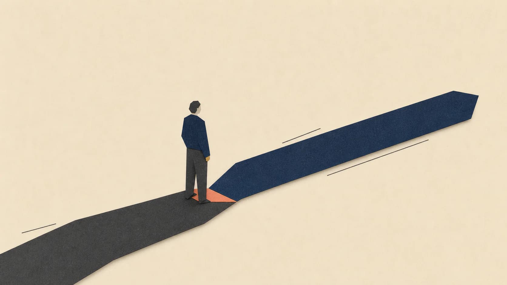 Conceptual paper illustration of a person at a junction, using restrained color and simple geometric forms