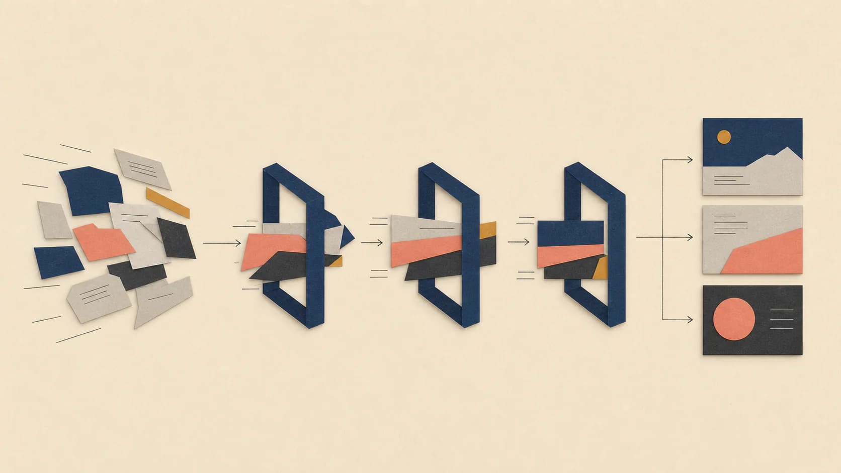 Three paper transformation gates producing a coordinated visual set