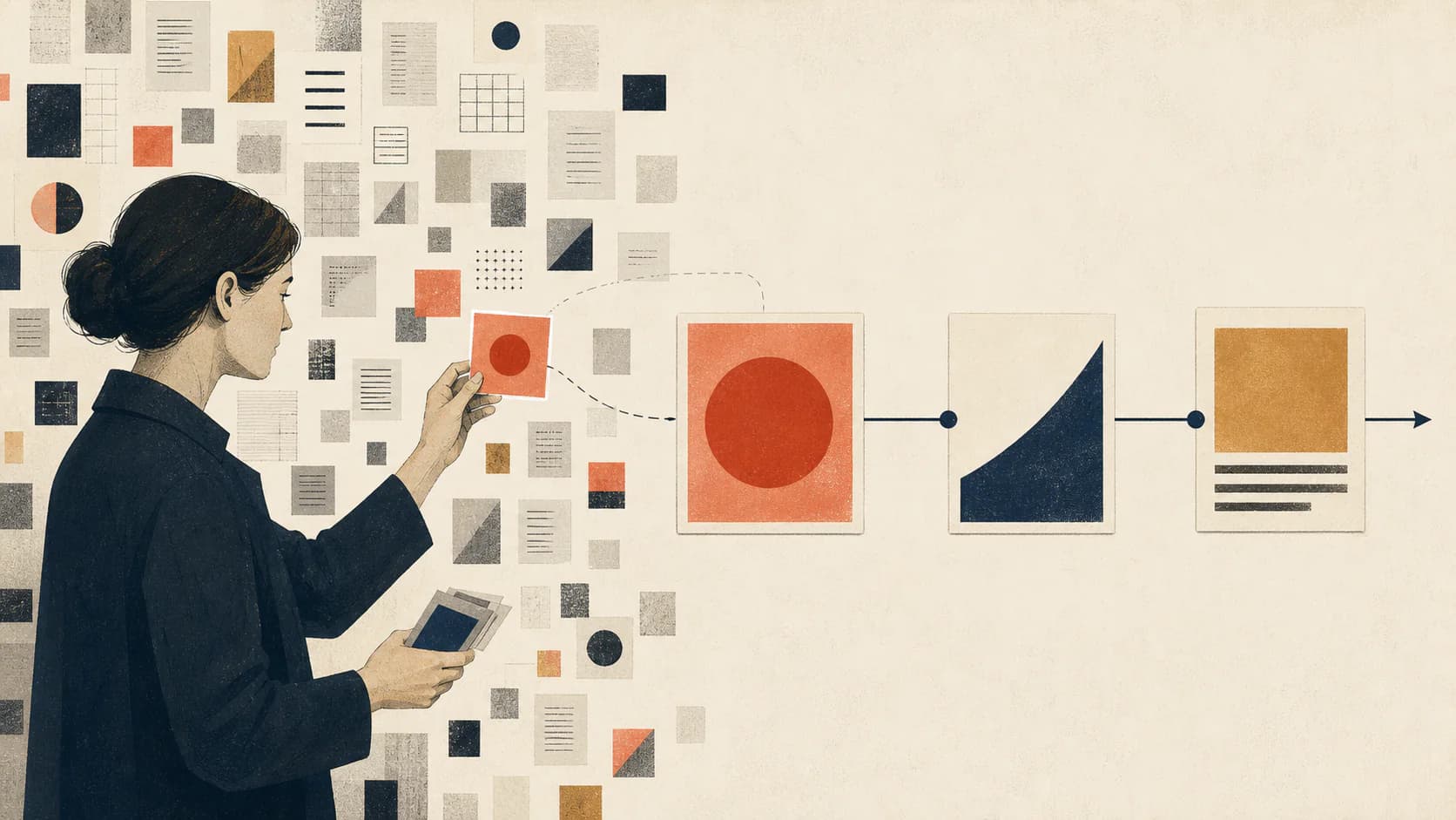 Geometric editorial illustration of an editor selecting three ideas from dense source material