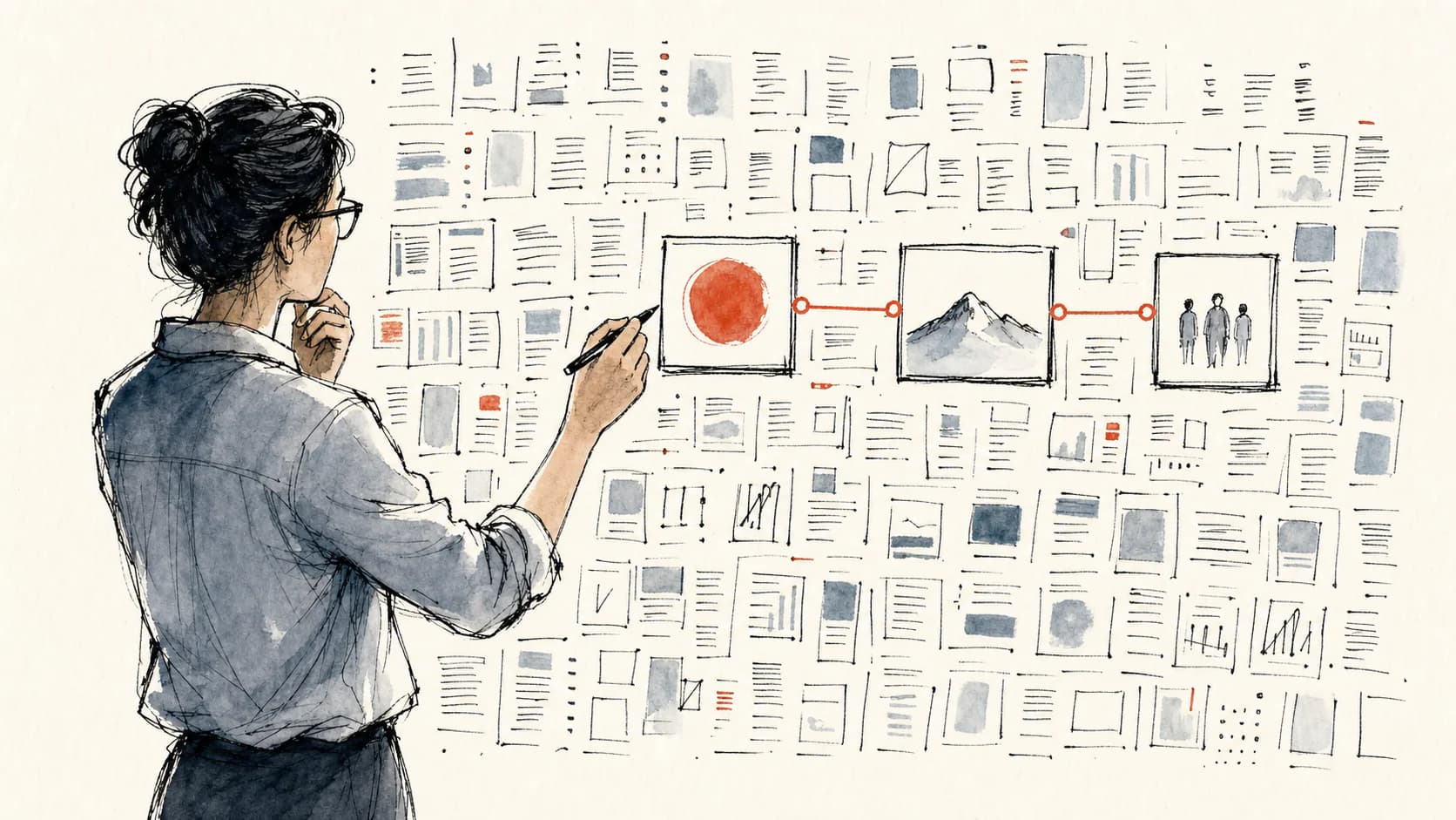 Hand-drawn ink and watercolor editor selecting three ideas from a wall of source material