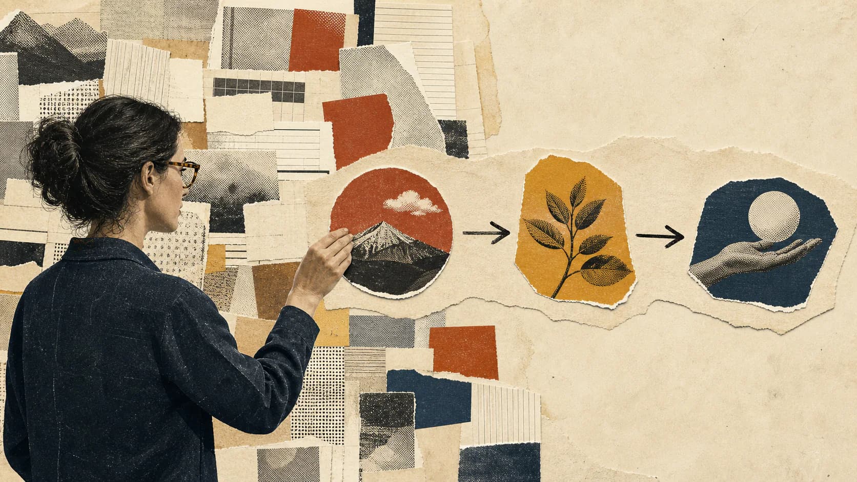 Cut-paper editorial collage of an editor arranging three selected visual ideas
