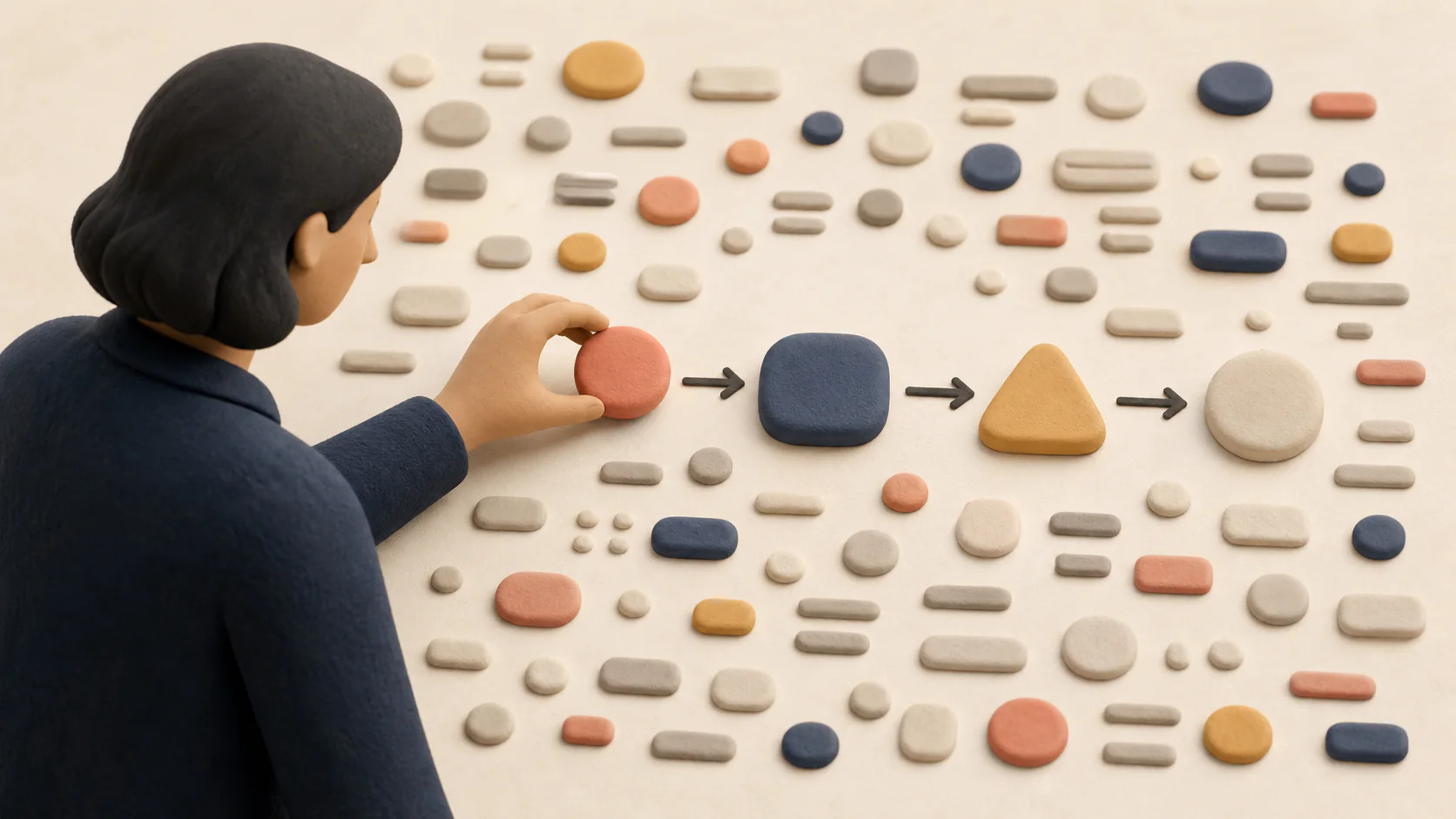 Soft clay-like 3D editor arranging three selected forms into a visual sequence