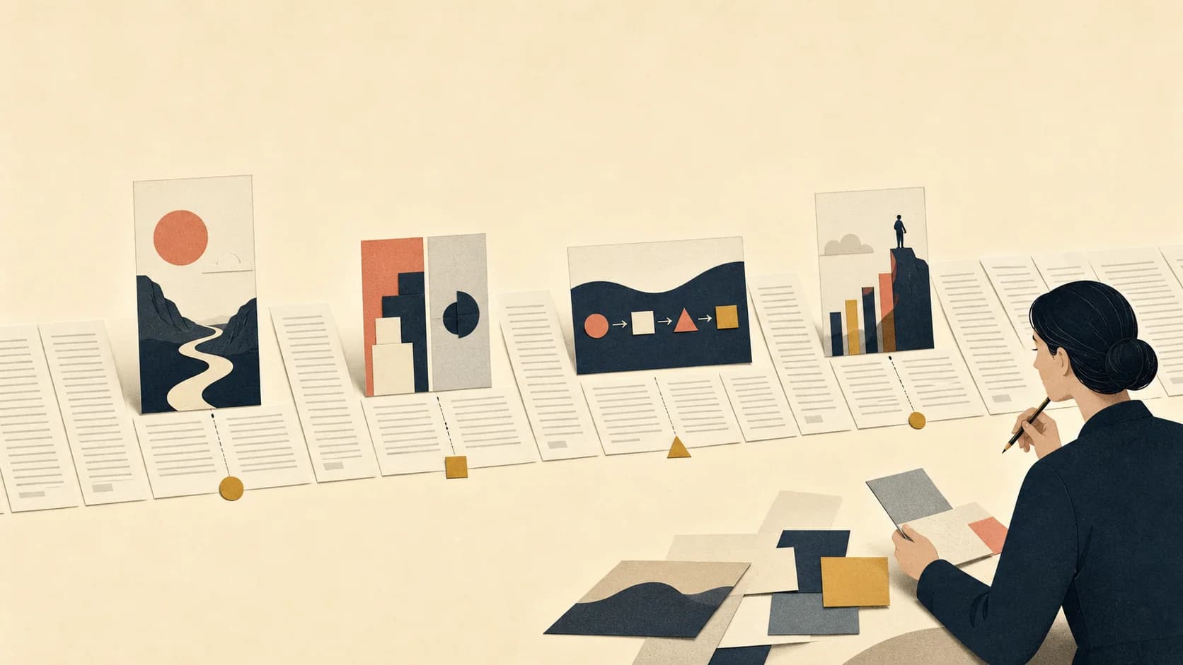 Editor selecting four meaningful visual moments from a long sequence of article pages