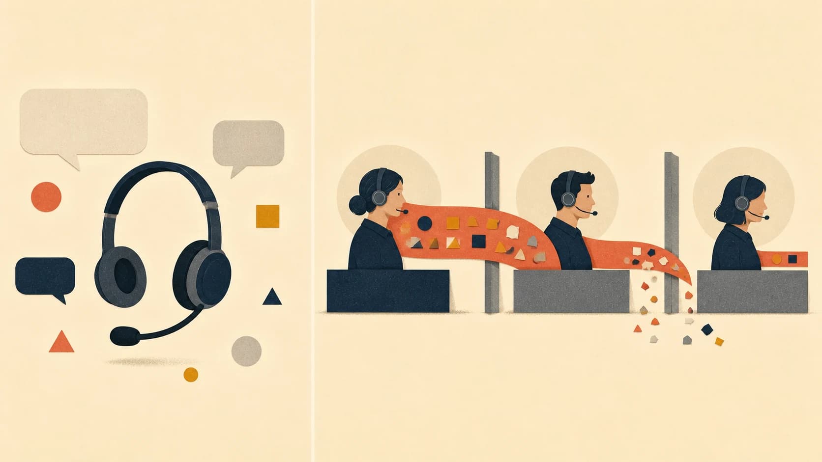 Comparison of a generic customer-service image and a specific illustration showing context lost across three support handoffs