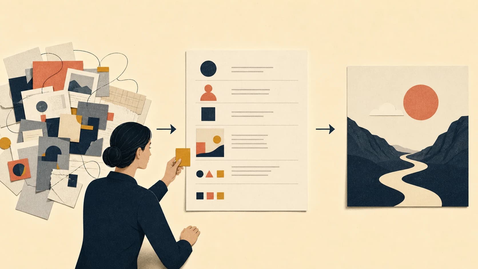 Editor distilling scattered notes into a one-page brief and a coherent finished illustration
