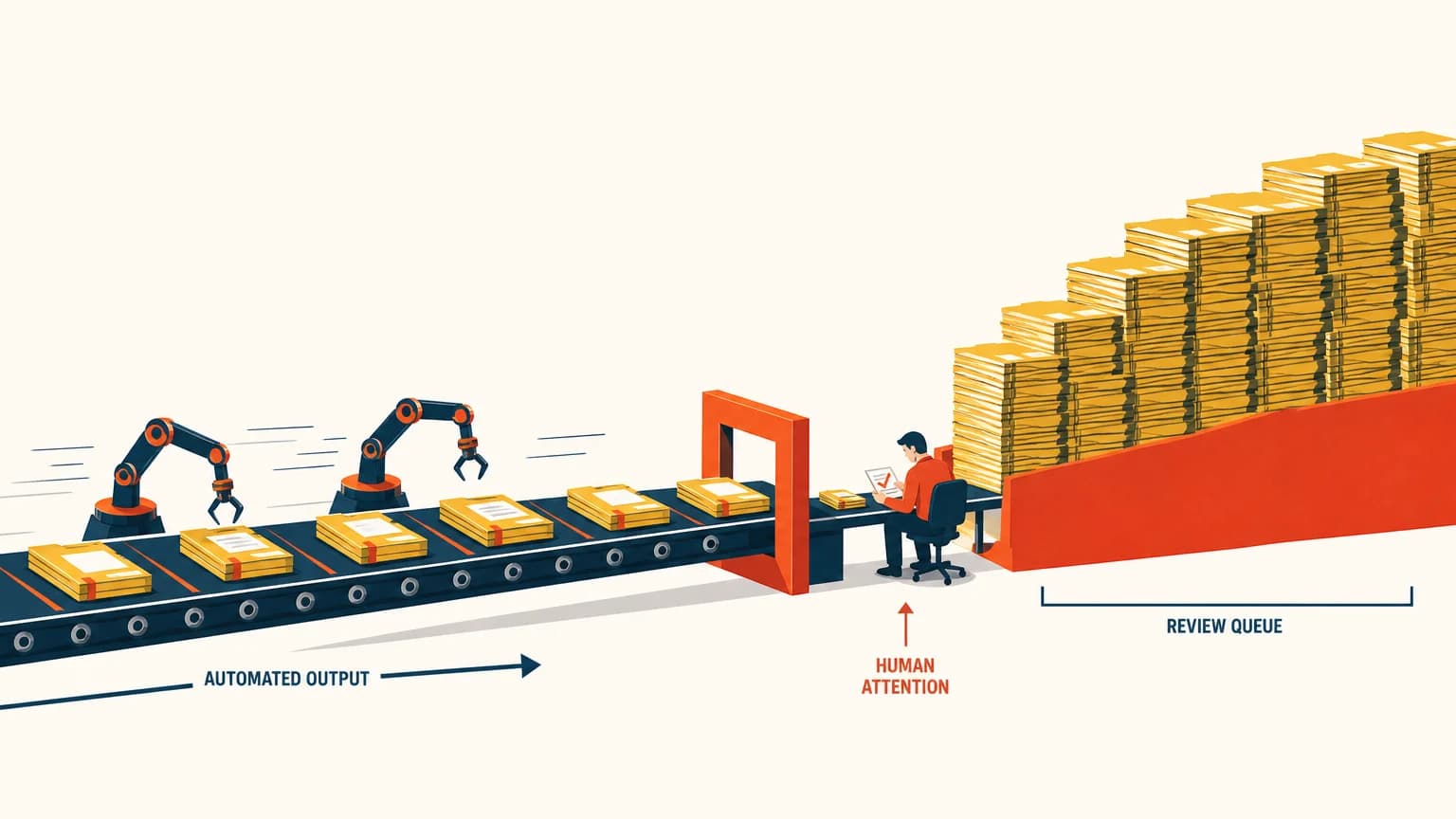 Automation conveyor delivering work to a reviewer beside a growing queue