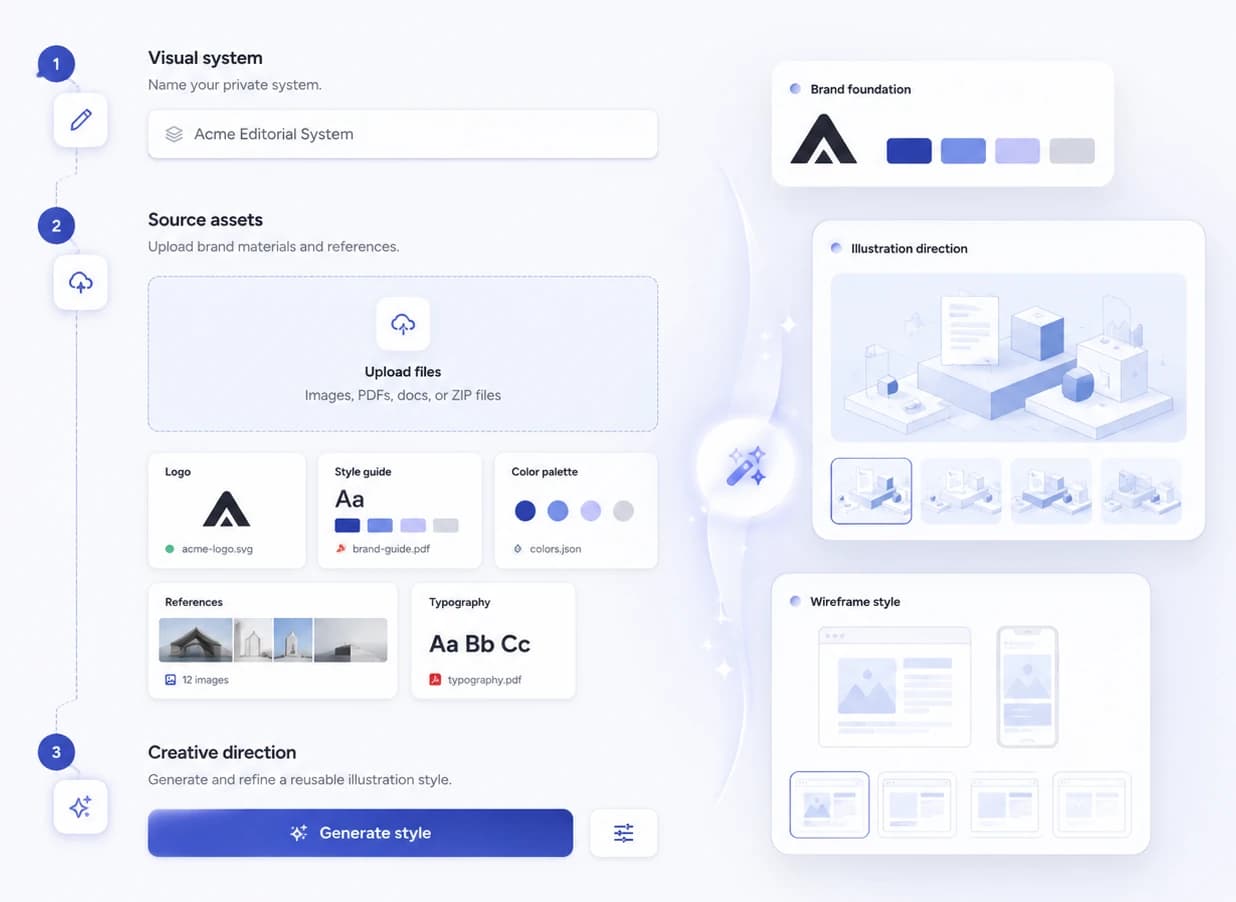 Zyncli private visual Skill workflow organizing brand assets, references, palette, illustration direction, and reusable layout rules