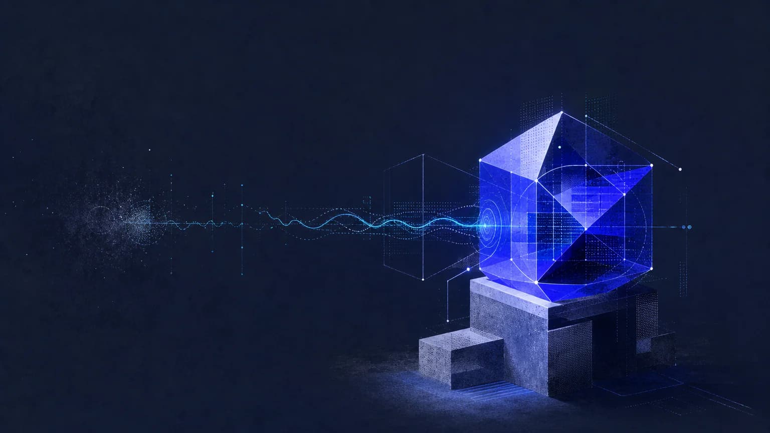 Technology editorial illustration showing a luminous system relationship through modular geometric forms